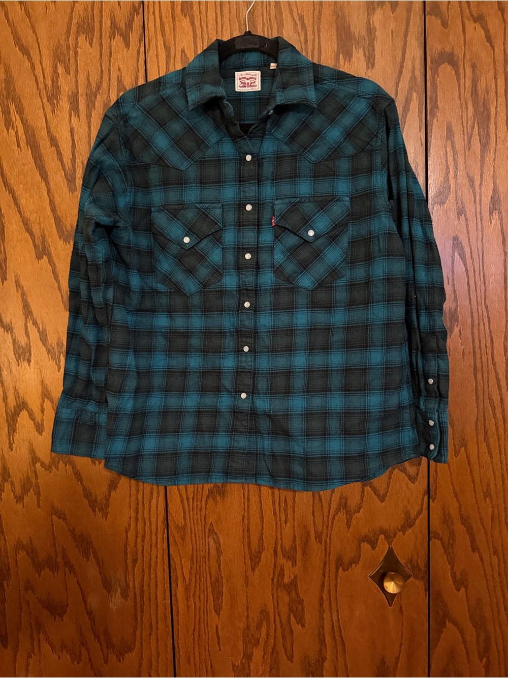 Levi’s Western Snap Shirt XS Teal Black Plaid Pearl Snap Y2K Grunge